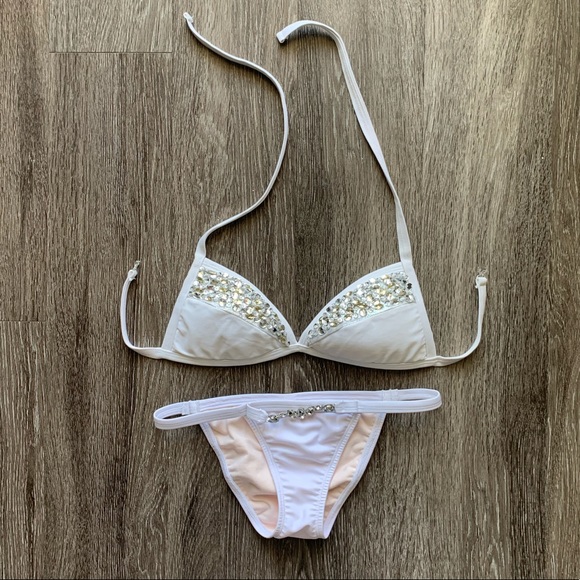 WHITE VEVE BIKINI WITH MULTICOLOR RHINESTONES - Picture 1 of 8